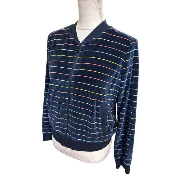 Marine Layer Navy Rainbow Striped Velour Auckland Full Zip Bomber Jacket - S - Picture 6 of 11